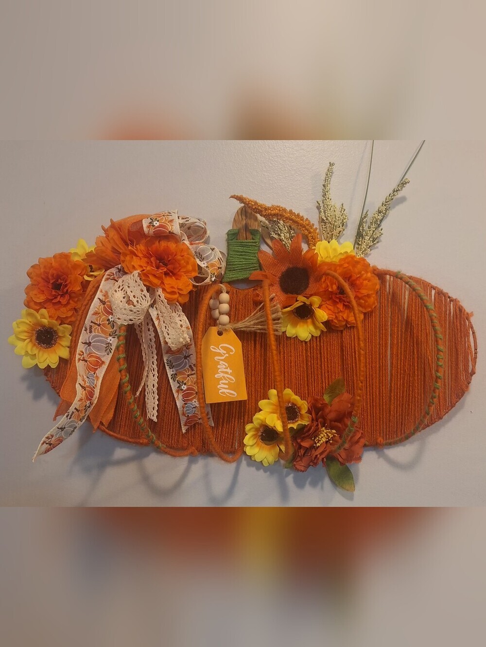 Handmade Orange Pumpkin Wall Decor with Sunflowers